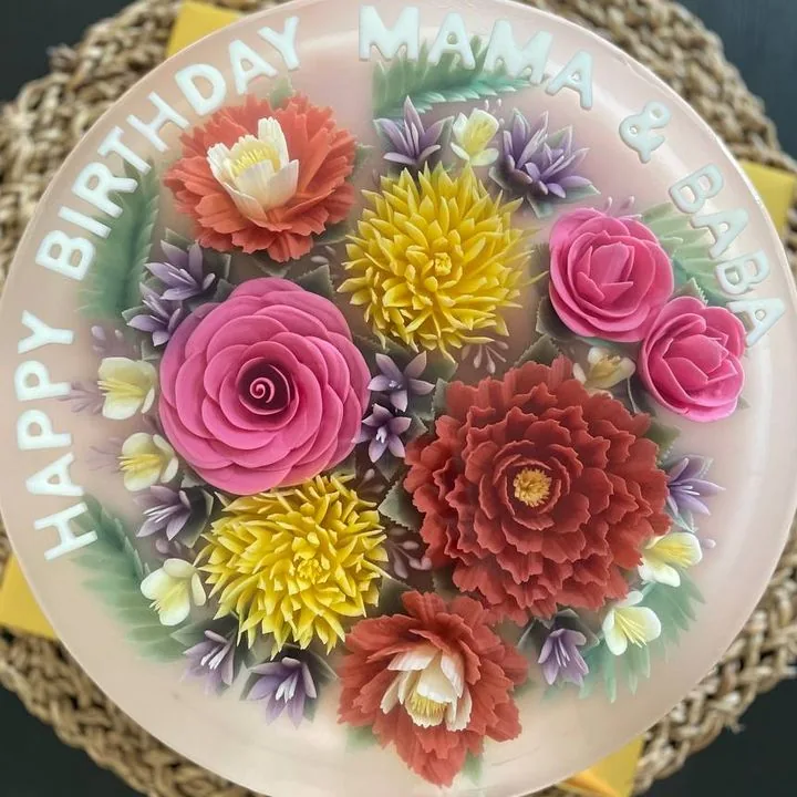Colourful bouquet jelly cake for Mama and Baba