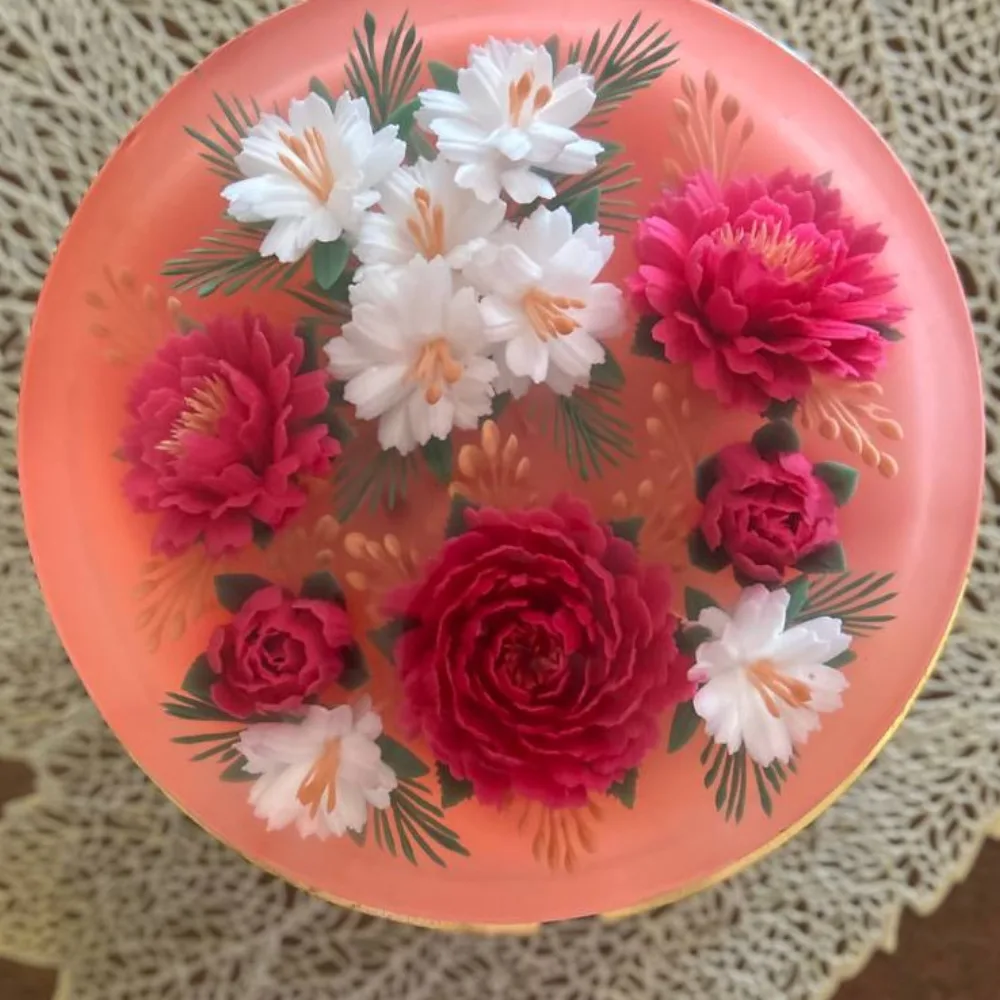 Coral Blush Peonies 3D jelly cake, viewed from above
