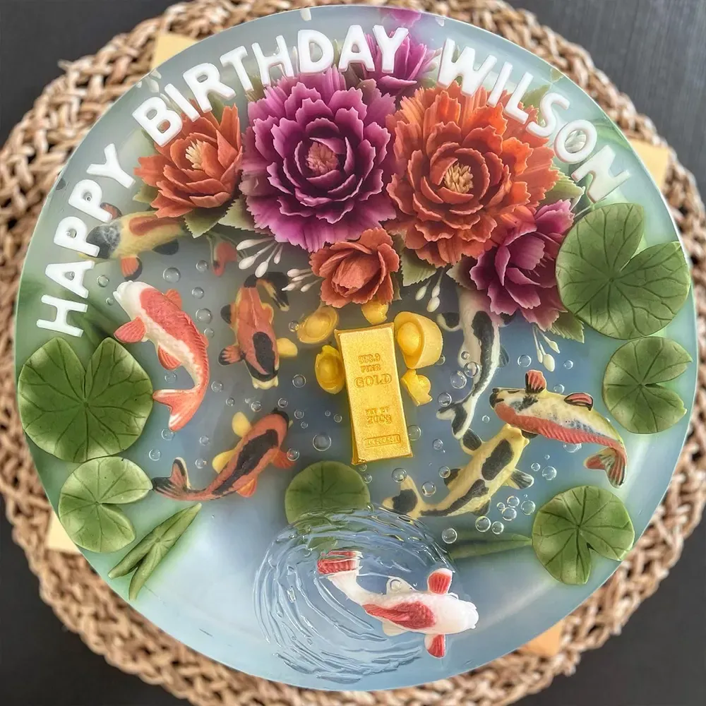 Golden Koi Peony 3D jelly cake, viewed from above