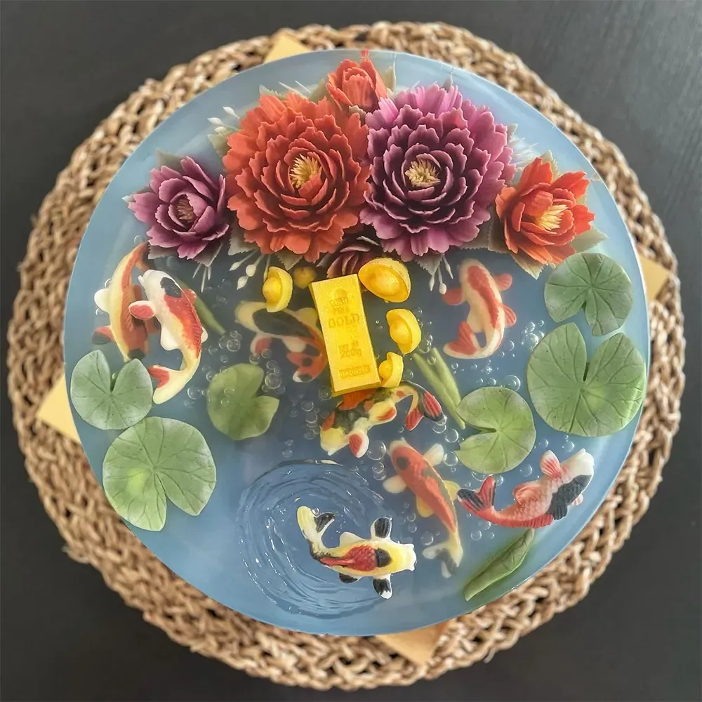 Grand Golden Koi Garden 3D jelly cake, viewed from above