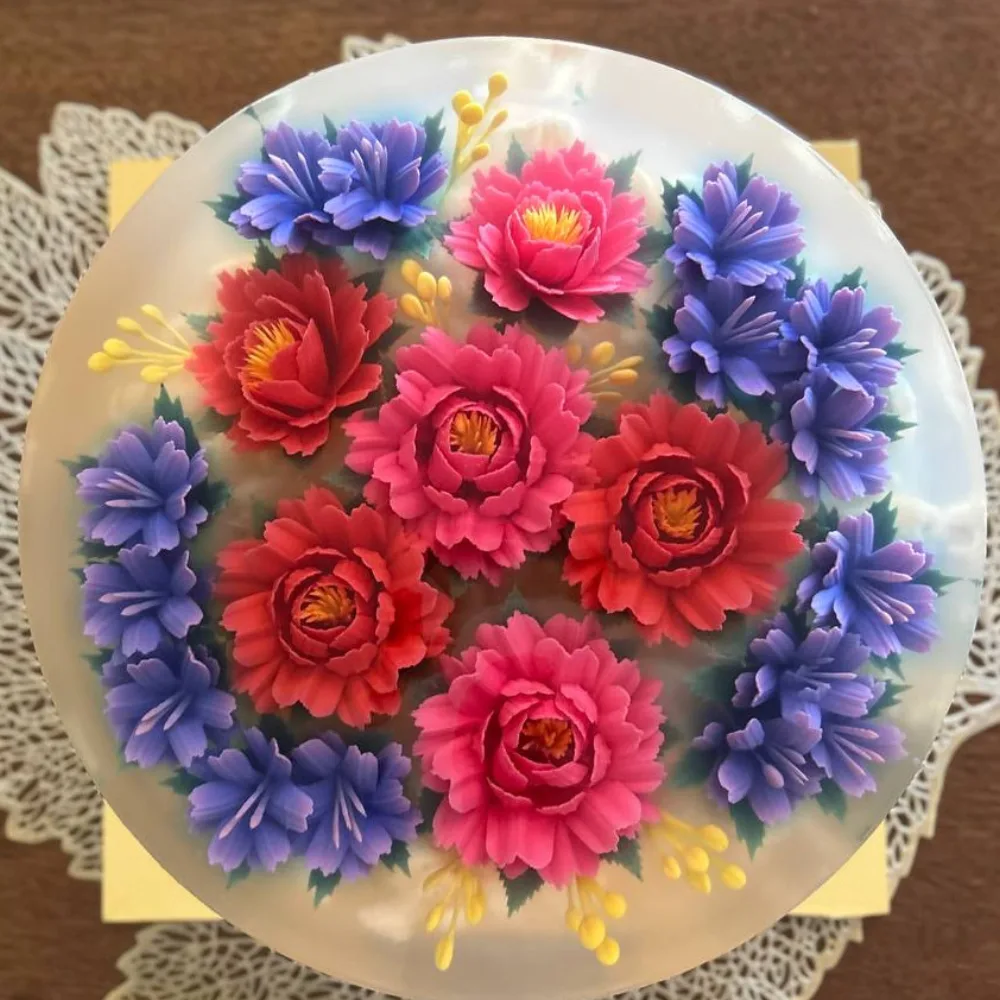Peony & Cornflower Wreath 3D jelly cake, viewed from above