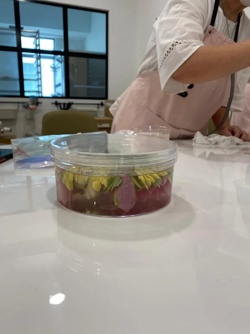 Freshly set jelly petals in a clear container